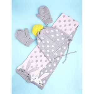 3pcs Grey Bunny Rabbit matching Beanie Winter Cap, Mufflers and Gloves set, 5 - 10 Years - 5 - 10 Years Winter Wear