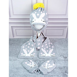 3pcs Grey Bunny Rabbit matching Beanie Winter Cap, Mufflers and Gloves set, 5 - 10 Years - 5 - 10 Years Winter Wear