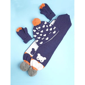 3pcs Navy & Orange Fox matching Beanie Winter Cap, Mufflers and Gloves set, 5 - 10 Years - 5 - 10 Years Winter Wear