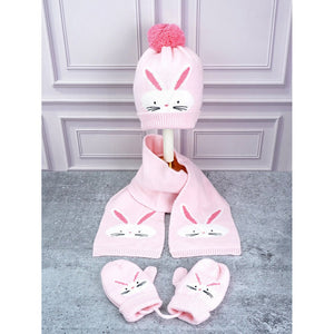 3pcs Pink Bunny Rabbit matching Beanie Winter Cap, Mufflers and Gloves set, 5 - 10 Years - 5 - 10 Years Winter Wear
