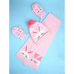 3pcs Pink Bunny Rabbit matching Beanie Winter Cap, Mufflers and Gloves set, 5 - 10 Years - 5 - 10 Years Winter Wear