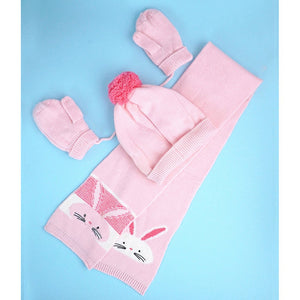 3pcs Pink Bunny Rabbit matching Beanie Winter Cap, Mufflers and Gloves set, 5 - 10 Years - 5 - 10 Years Winter Wear