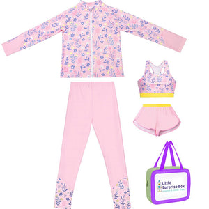 3pcs Pink Flower Power Matching Top,leggings & Jacket style Swimwear set for Pre Teens & Teens with Free Washbag - 9 - 10 Years Swim