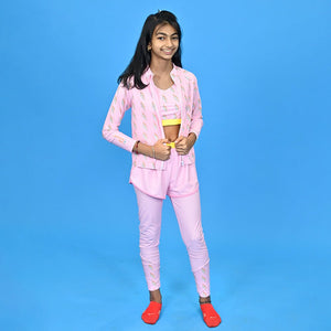 3pcs Pink Flower Power Matching Top,leggings & Jacket style Swimwear set for Pre Teens & Teens with Free Washbag - 9 - 10 Years Swim