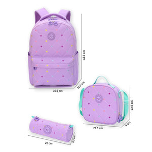 3pcs Purple Mini Heart Matching Backpack, Lunch Bag and Stationery Pouch - Back To School