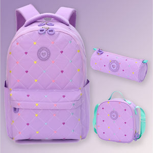 3pcs Purple Mini Heart Matching Backpack, Lunch Bag and Stationery Pouch - Back To School