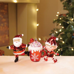 3pcs set of Shiny Red Santa, Elf and Marshmallow Mug christmas Tree Ornaments - Christmas