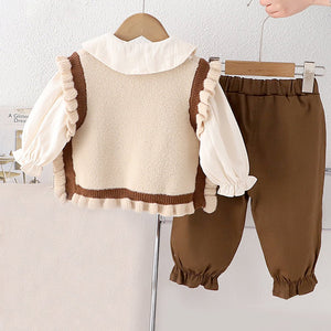 3pcs set,Cream Brown Knitted Vest,Shirt,& Pants partywear for Kids - 2 - 3 Years Winter Wear
