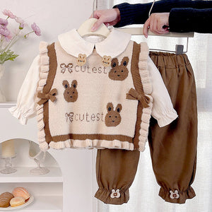 3pcs set,Cream Brown Knitted Vest,Shirt,& Pants partywear for Kids - 2 - 3 Years Winter Wear
