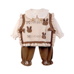 3pcs set,Cream Brown Knitted Vest,Shirt,& Pants partywear for Kids - 2 - 3 Years Winter Wear