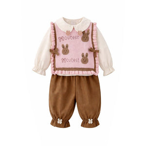 3pcs set,Pink Brown Knitted Vest,Cream Shirt,& Pants partywear for Kids - 2 - 3 Years Winter Wear