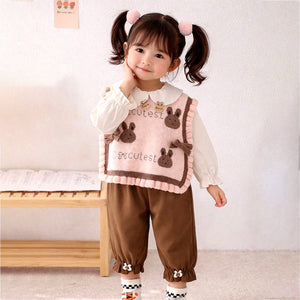 3pcs set,Pink Brown Knitted Vest,Cream Shirt,& Pants partywear for Kids - 2 - 3 Years Winter Wear