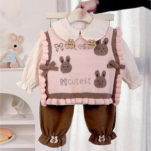 3pcs set,Pink Brown Knitted Vest,Cream Shirt,& Pants partywear for Kids - 2 - 3 Years Winter Wear
