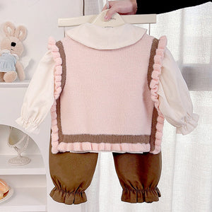 3pcs set,Pink Brown Knitted Vest,Cream Shirt,& Pants partywear for Kids - 2 - 3 Years Winter Wear