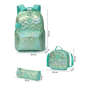 3pcs Shiny Mint Star Matching Backpack, Lunch Bag and Stationery Pouch, 8yrs to Adults - Back To School