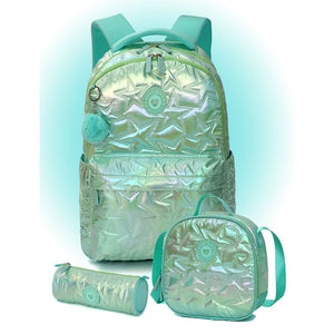 3pcs Shiny Mint Star Matching Backpack, Lunch Bag and Stationery Pouch, 8yrs to Adults - Back To School