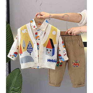 3pcs Yellow Village Theme Cardigan, Shirt and matching Pants set for Toddlers and Kids, winter and all season wear - 2 - 3 Years