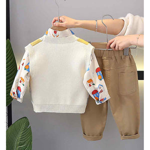 3pcs Yellow Village Theme Cardigan, Shirt and matching Pants set for Toddlers and Kids, winter and all season wear - 2 - 3 Years