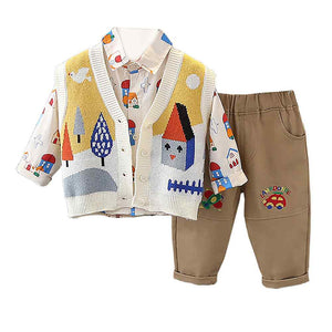 3pcs Yellow Village Theme Cardigan, Shirt and matching Pants set for Toddlers and Kids, winter and all season wear - 2 - 3 Years