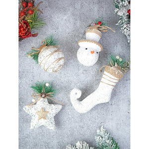 4 pcs Glitter Jute Snowy Elf themed Christmas Tree Ornaments - XMAS TREE ORNAMENTS