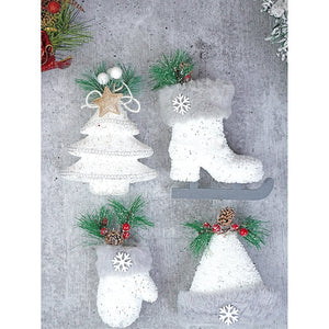 4 pcs Silver Furry Winter Accessories themed Christmas Tree Ornaments - XMAS TREE ORNAMENTS