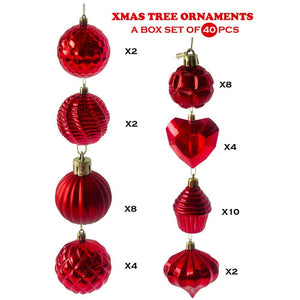 40 pcs Deep Shiny Red Theme Hanging Christmas Tree Ornaments - 