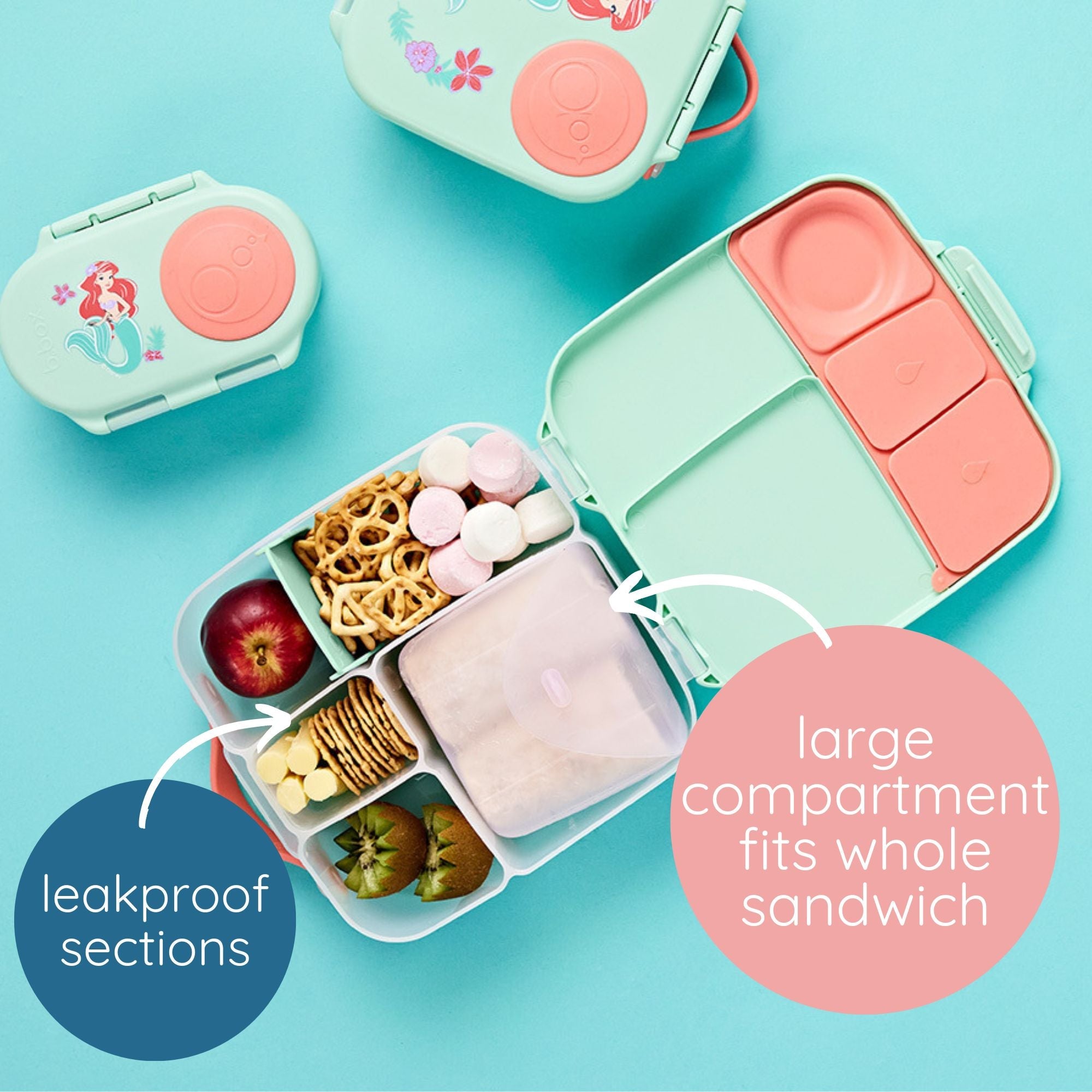 b.box Little Mermaid Lunchbox - Adjustable Divider, Flexi Fruit Holder & 2L Capacity - Multicolor