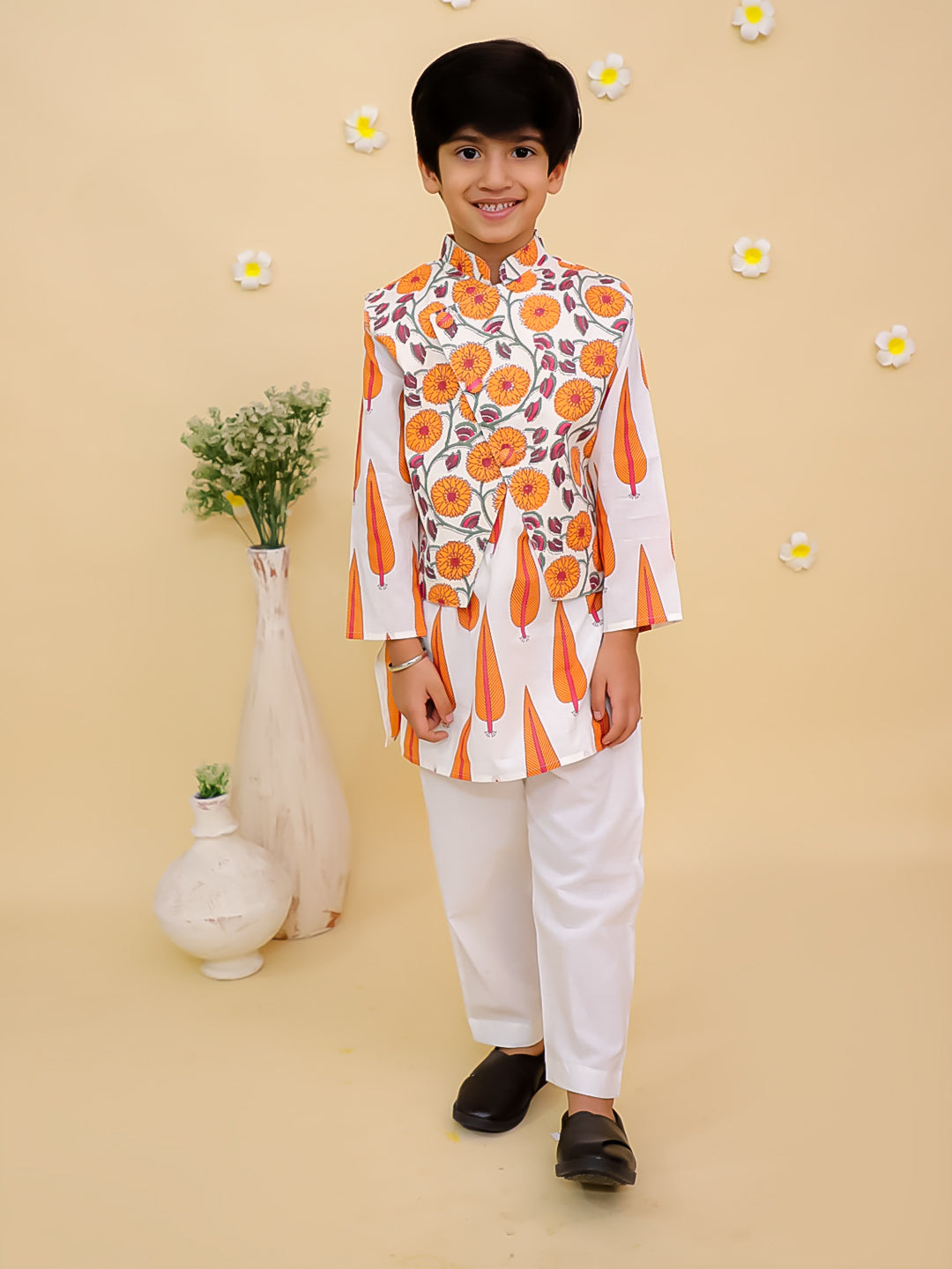 Ethnic Set-Narangi Girls Anarkali Kurta Sharara Set and Boys Jacket And Kurta Pajama Set