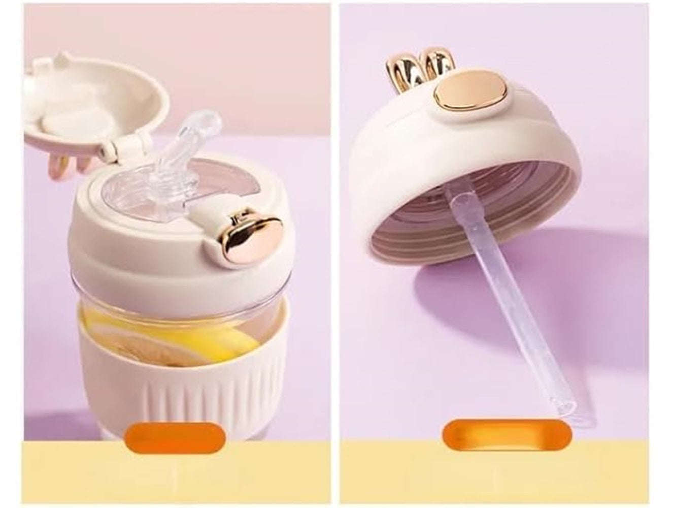 CuddleNest Adorable Rabbit Double Drinking Cup – Glass Mug with Straw & Lid | Portable & Leakproof