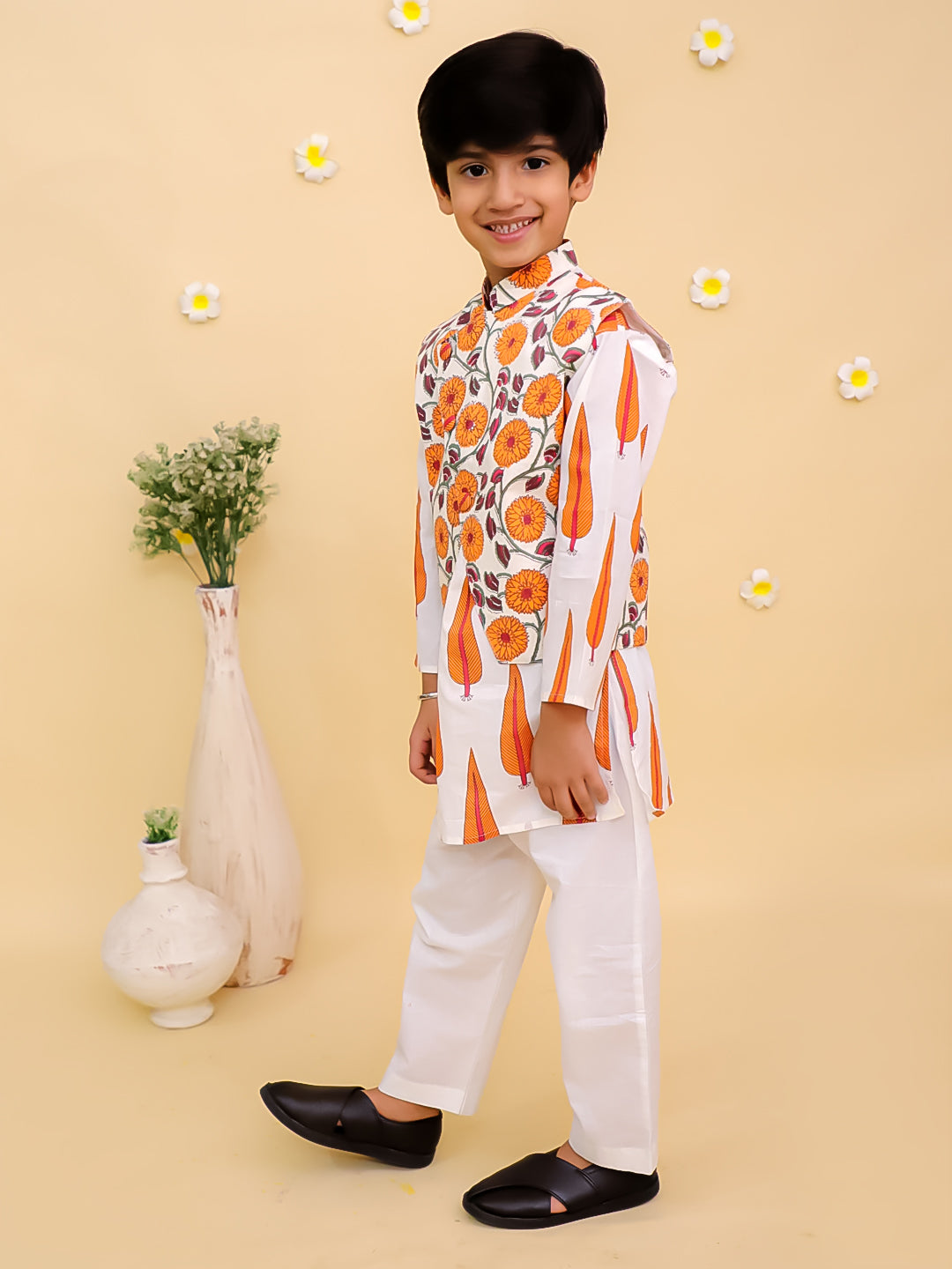 Ethnic Set-Narangi Girls Anarkali Kurta Sharara Set and Boys Jacket And Kurta Pajama Set