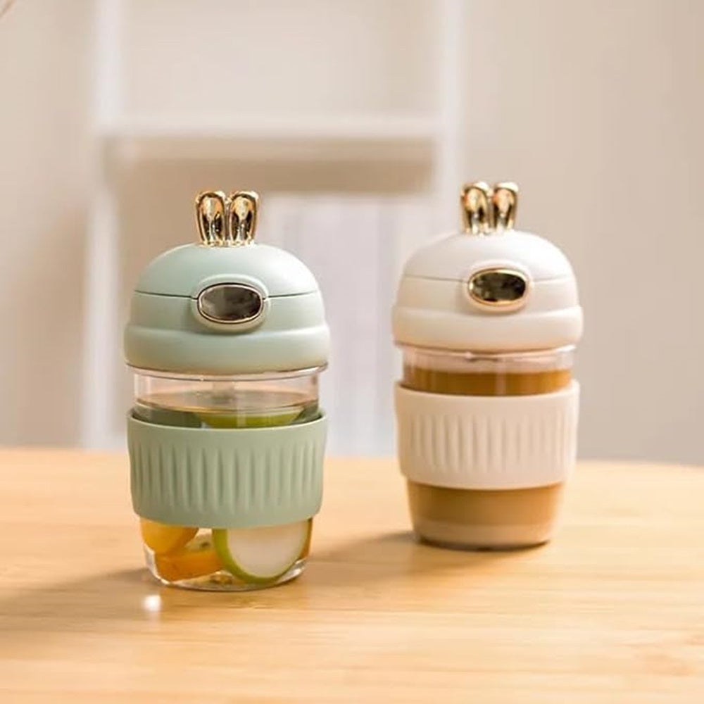 CuddleNest Adorable Rabbit Double Drinking Cup – Glass Mug with Straw & Lid | Portable & Leakproof