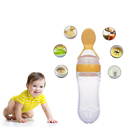 Safe-O-Kid, Squeezy Silicone Food Feeder Spoon (Soft Tip) Bottle, 90ml- Yellow