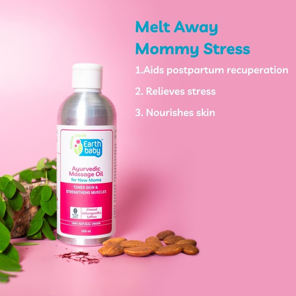 Earthbaby 100% Natural Orgin, Ayurvedic Body Massage Oil for New Mom, with Goodness of Sesame Oil, Coconut Oil, Almond Oil, Moringa Oil, Ashwagandha, Turmeric and Saffron (125 ml)