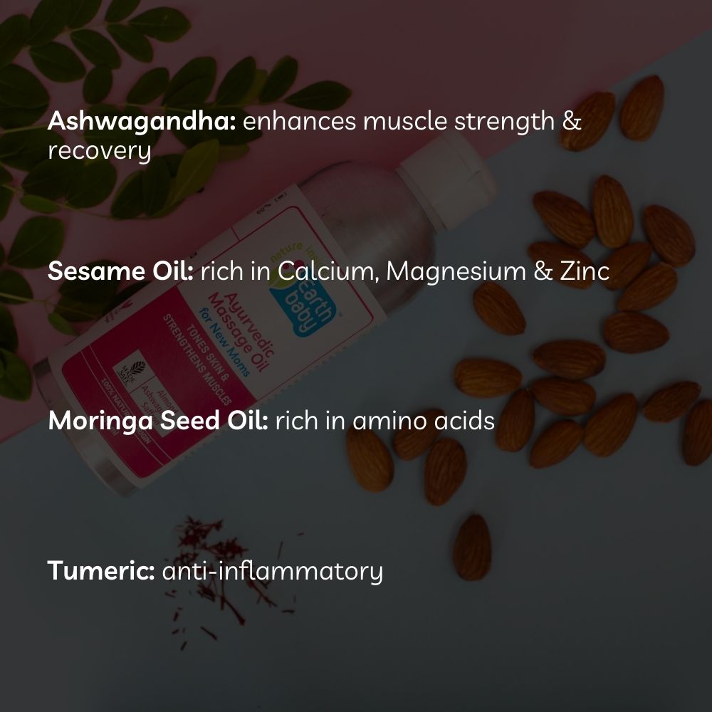 Earthbaby 100% Natural Orgin, Ayurvedic Body Massage Oil for New Mom, with Goodness of Sesame Oil, Coconut Oil, Almond Oil, Moringa Oil, Ashwagandha, Turmeric and Saffron (125 ml)