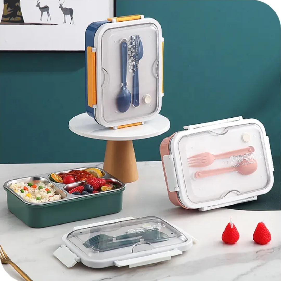 CuddleNest | On the Go with Our 3-Compartment Bento Lunch Box with Breathable Button Design | Blue