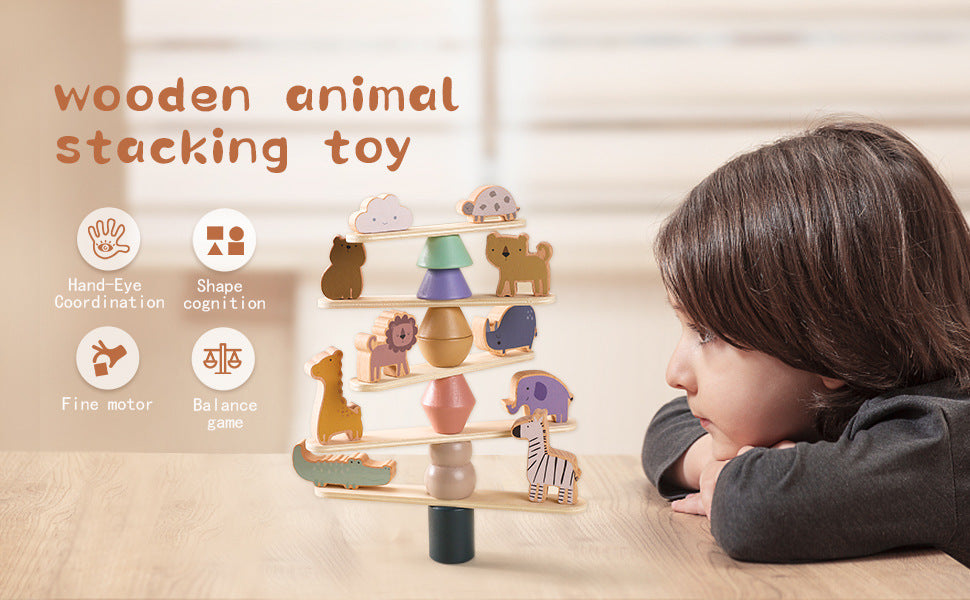 Playbox Wooden Animal Zoo Stacking Tower Balancing Toys for Kids and Toddlers