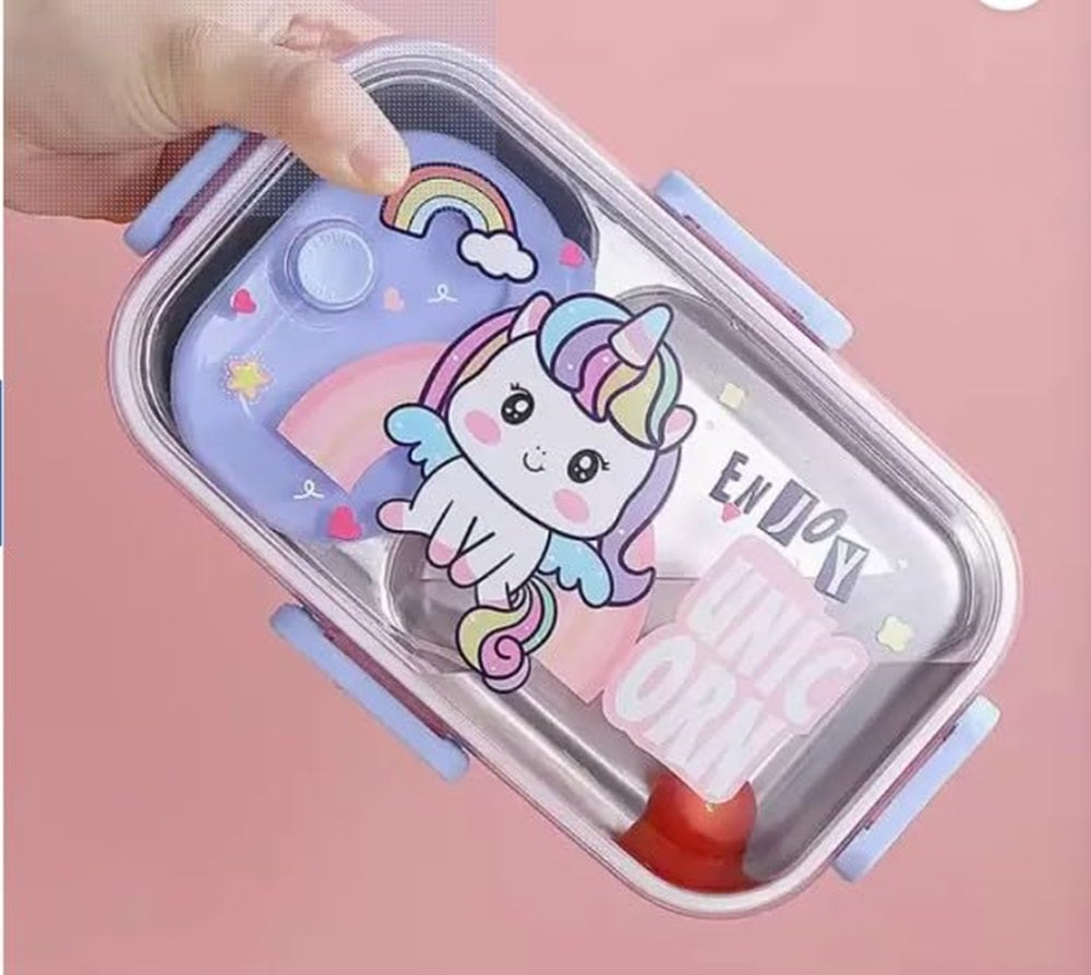 CuddleNest Pink Unicorn Kids Stainless Steel Lunch Box | 700ml + 100ml Soup Bowl | Leak-Proof | 4-Lock Design | Heat Insulation | Bento Tiffin for School, Picnics, Travel