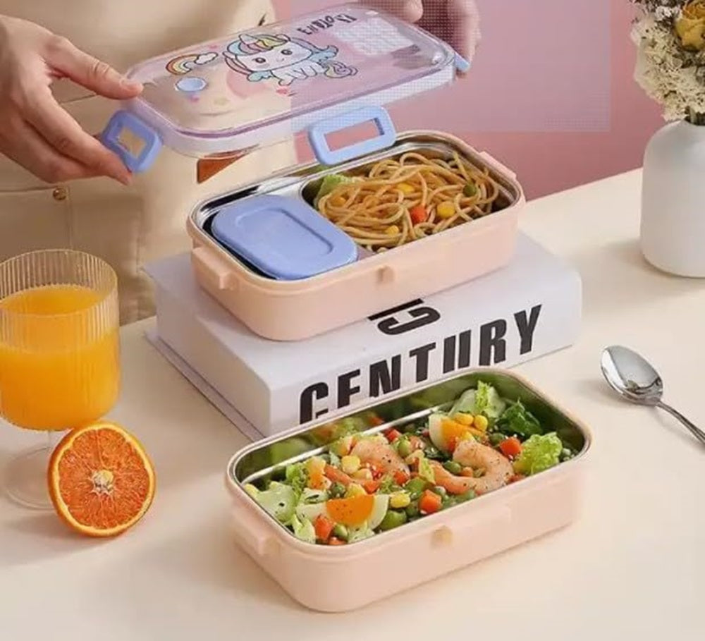 CuddleNest Green Dino Kids Stainless Steel Lunch Box | 700ml + 100ml Soup Bowl | Leak-Proof | 4-Lock Anti-Spill Design | Heat Insulation | Kids Tiffin Box for School & Travel