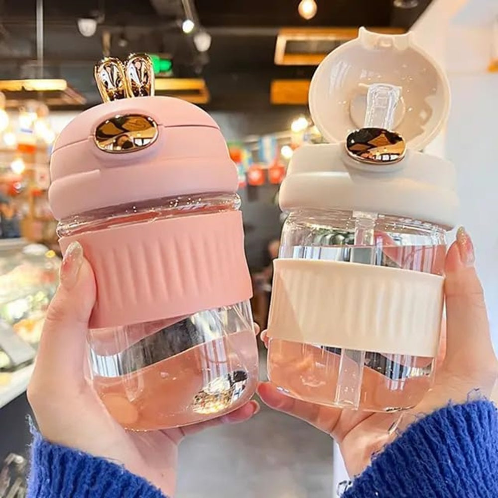 CuddleNest Adorable Rabbit Double Drinking Cup – Glass Mug with Straw & Lid | Portable & Leakproof
