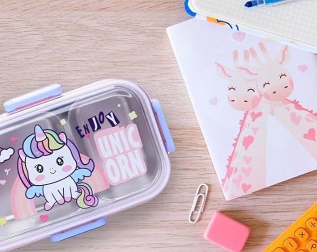 CuddleNest Pink Unicorn Kids Stainless Steel Lunch Box | 700ml + 100ml Soup Bowl | Leak-Proof | 4-Lock Design | Heat Insulation | Bento Tiffin for School, Picnics, Travel