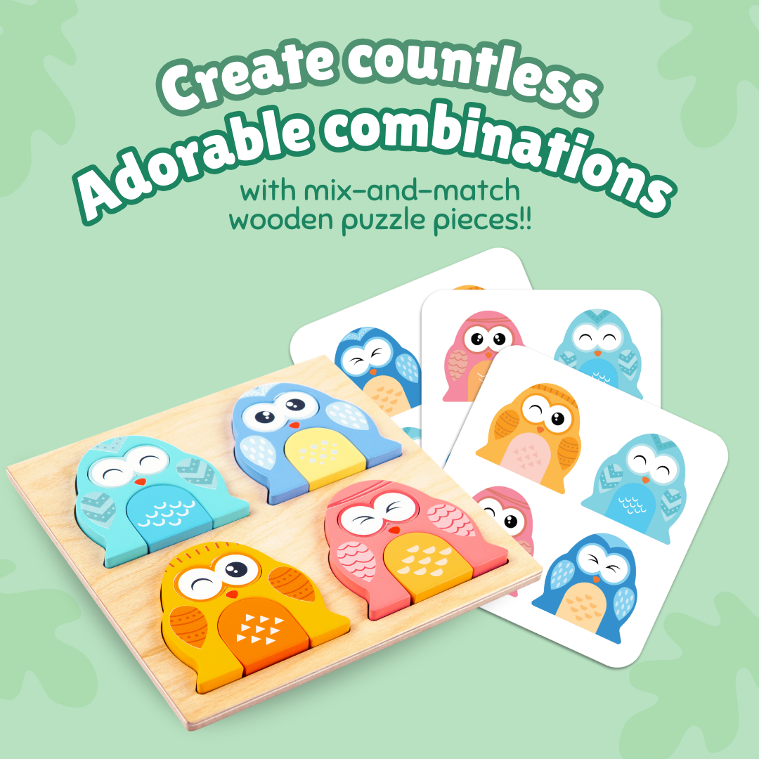 Cots and Cuddles Wooden Owl Face-Changing Puzzle with Match Cards