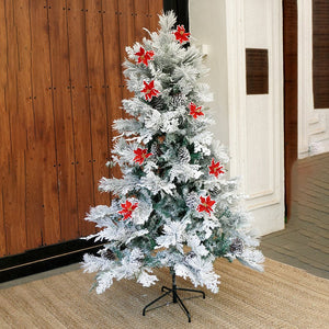 5.9 feet Bushy Long Snowy Leaves Xmas Tree with 8 free Wired Red Poinsetta Flower Tips, 180 cms with 550 Branch Tips ,christmas Tree Décor - Christmas