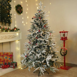 5.9 feet Snow Cherry thick rounded Leaf, Dense Christmas Tree, with free 6 Big size Tufted Red Candy themed Ornaments, 180 cm with 650 Branch tips Xmas Décor - Christmas