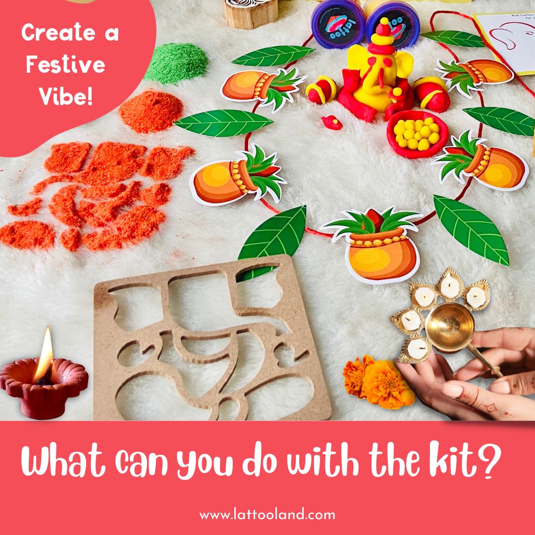 LattooLand Ganesha Kit - Set of dough tubs, Stamp, Stencil, Rangoli Powder, Toran making kit