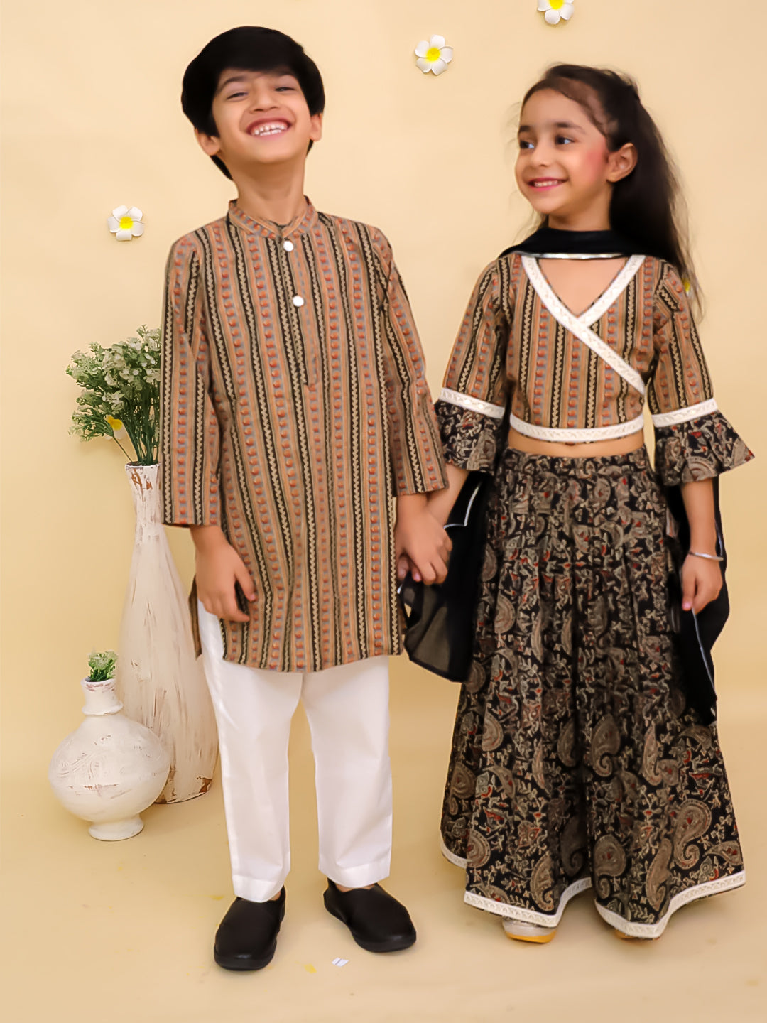 Ethnic Set-Black Kalamkari Girls Lehenga Set and Boys Kurta Set