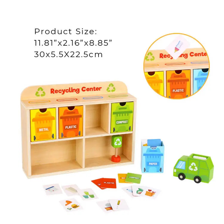 Playbox Wooden Tiny Trash Hub Reduce & Reuse Recycling Green Garbage Truck Toy