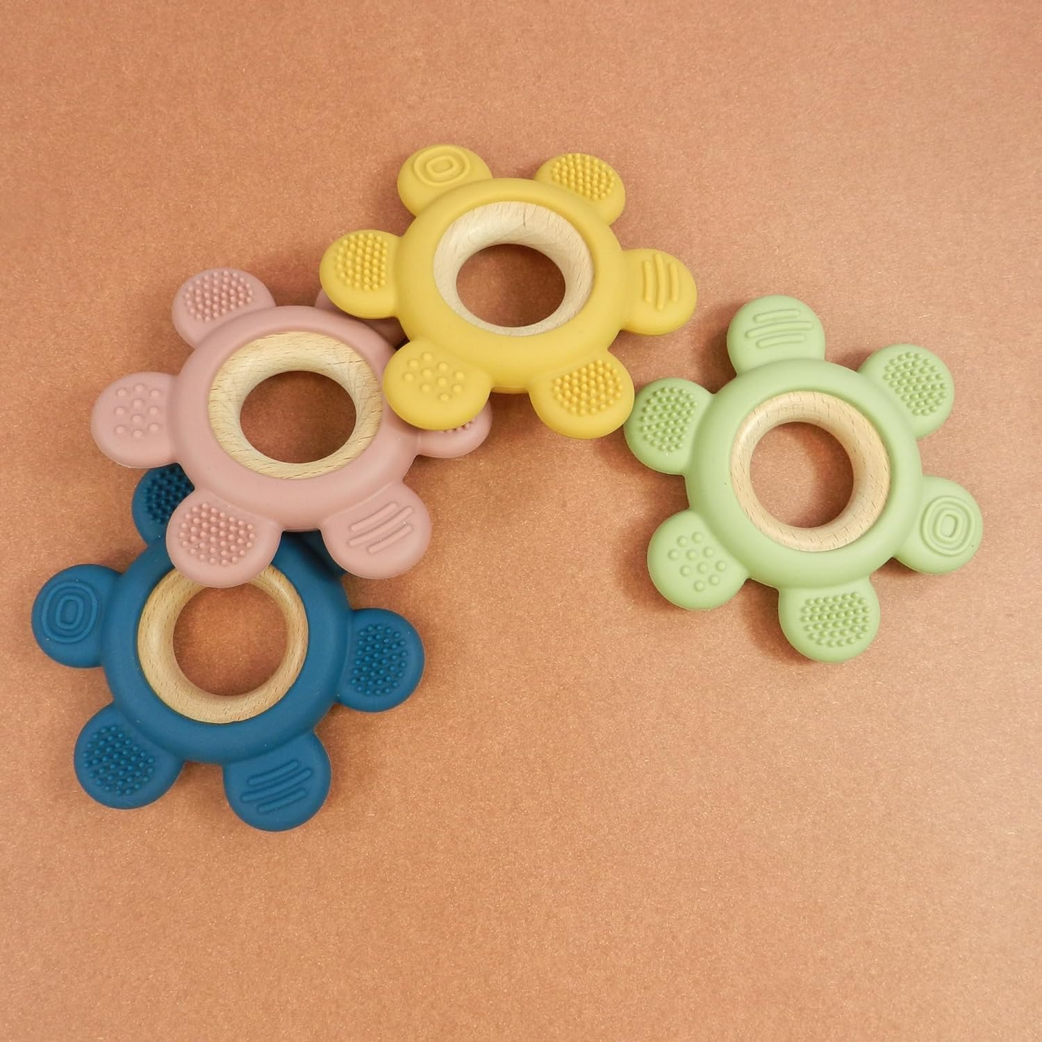 Playbox Wooden Flower BPA Free Silicone Teether Soothe Baby Gums Assorted Color