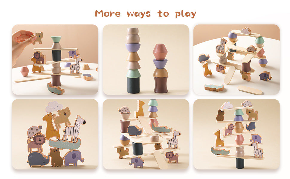 Playbox Wooden Animal Zoo Stacking Tower Balancing Toys for Kids and Toddlers