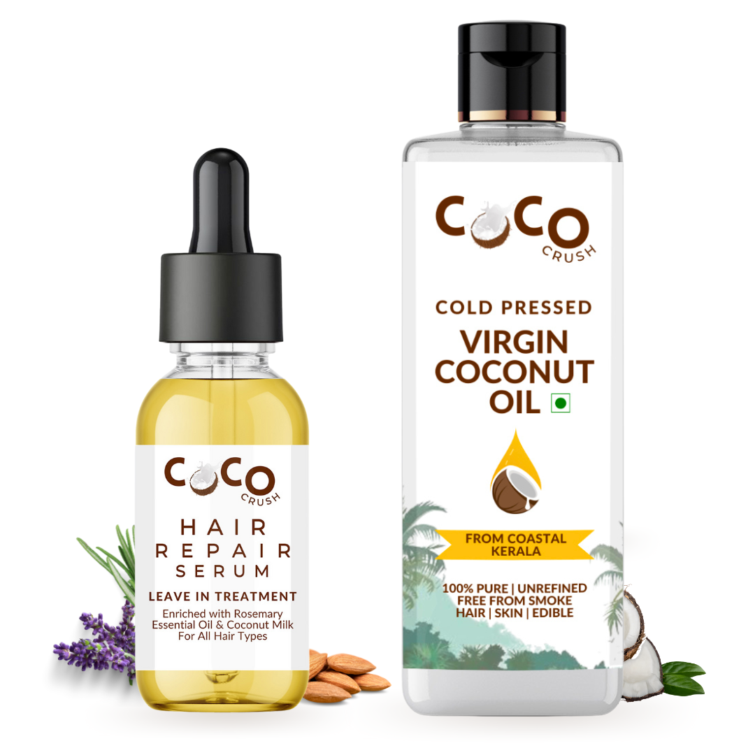 Coco Crush Pack of Virgin Coconut Oil & Leave-in Hair Repair Treatment Serum with Rosemary Oil, Pack of 2 - 115ml (100ml+15ml)