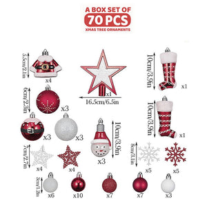 70 pcs Red & White Santa Claus themed Christmas Balls tree hanging, Xmas Decoration set. - Christmas